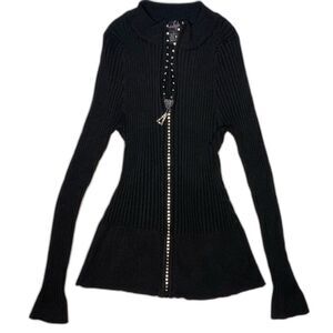 Vtg QUESTIONS Sweater Rhinestone Full Zip Stretch Fitted Ribbed Womens L Black